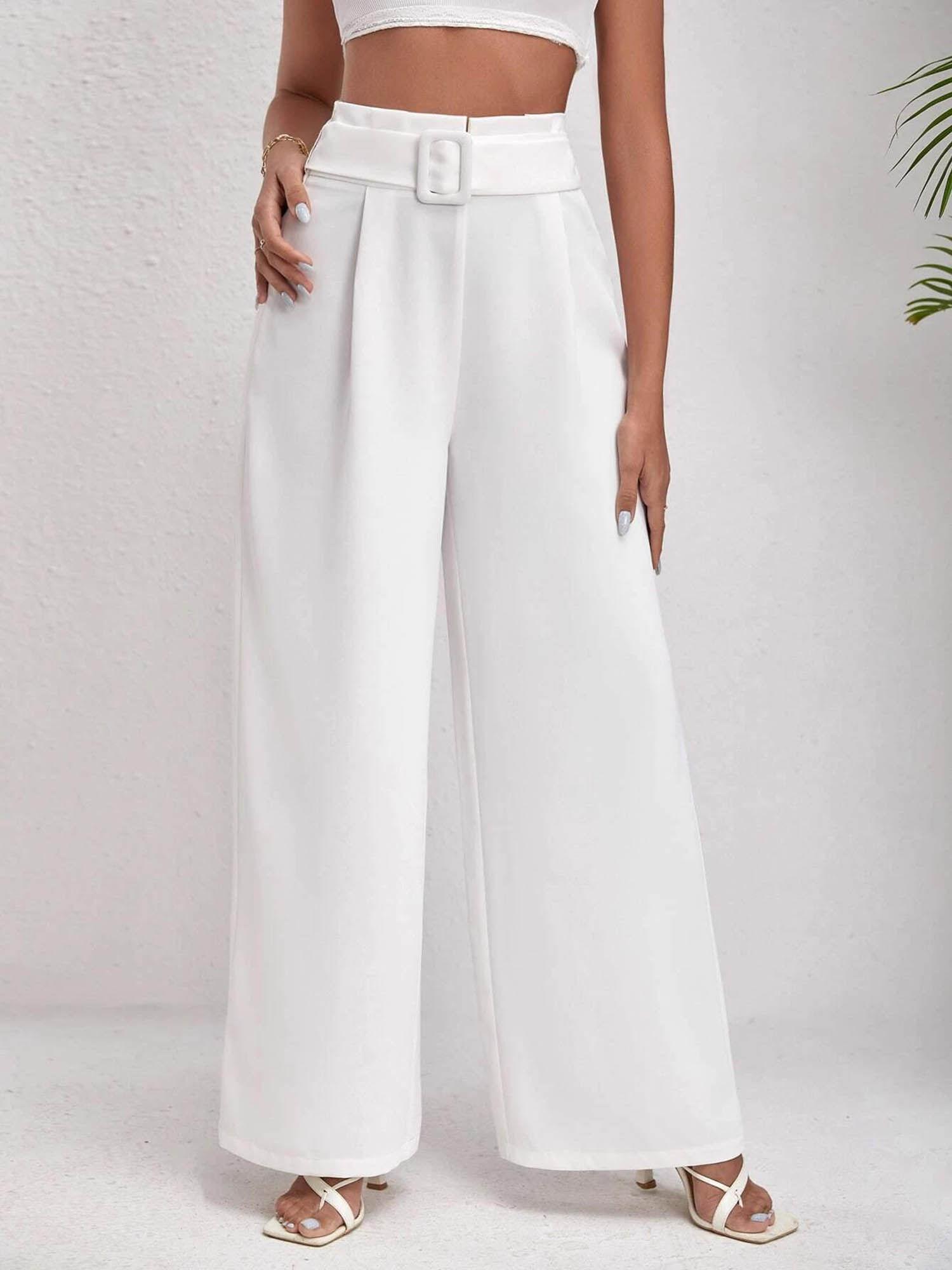 women high rise viscose rayon flared fit solid trousers off white (set of 2)