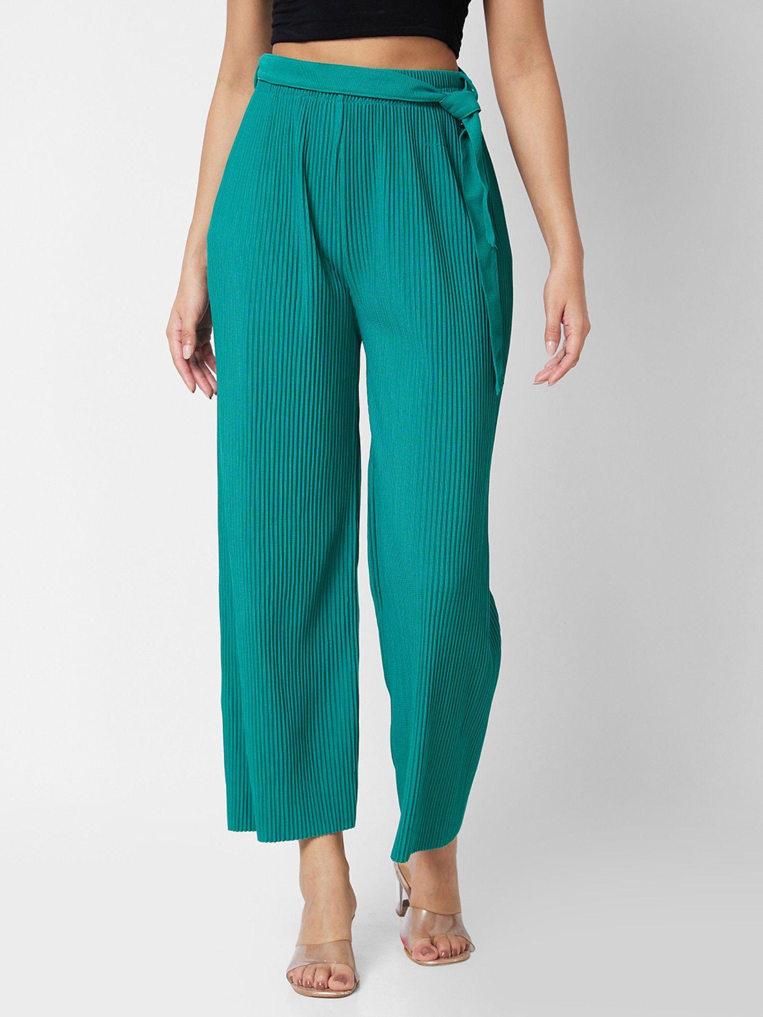 women high rise wide leg green knits pant with belt (set of 2)