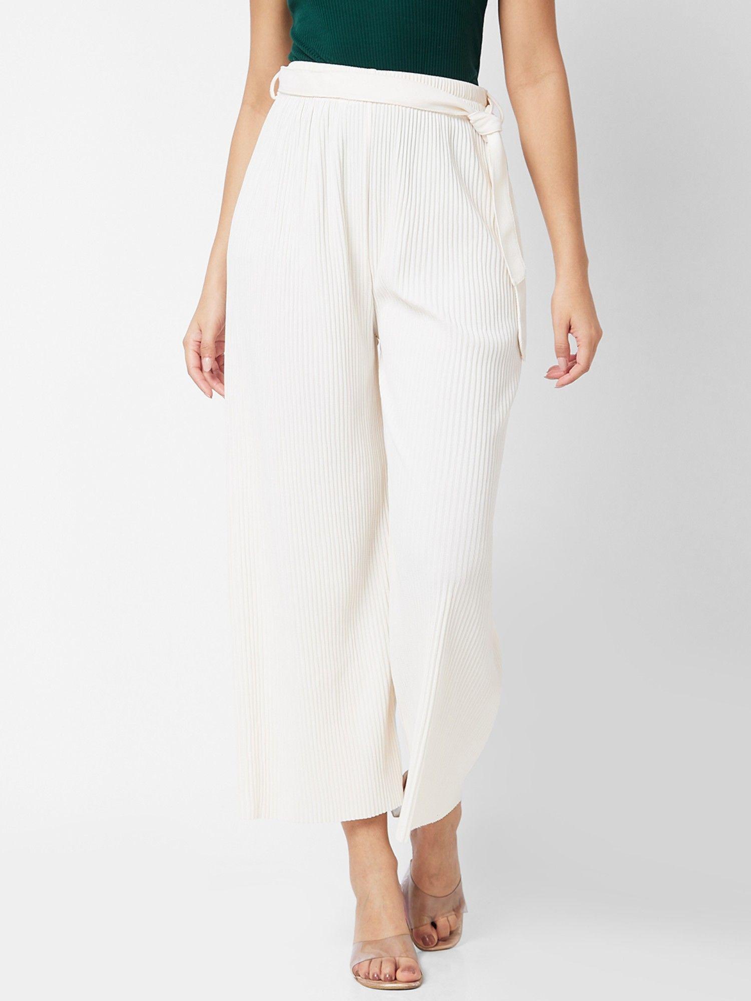 women high rise wide leg white knits pant with belt (set of 2)