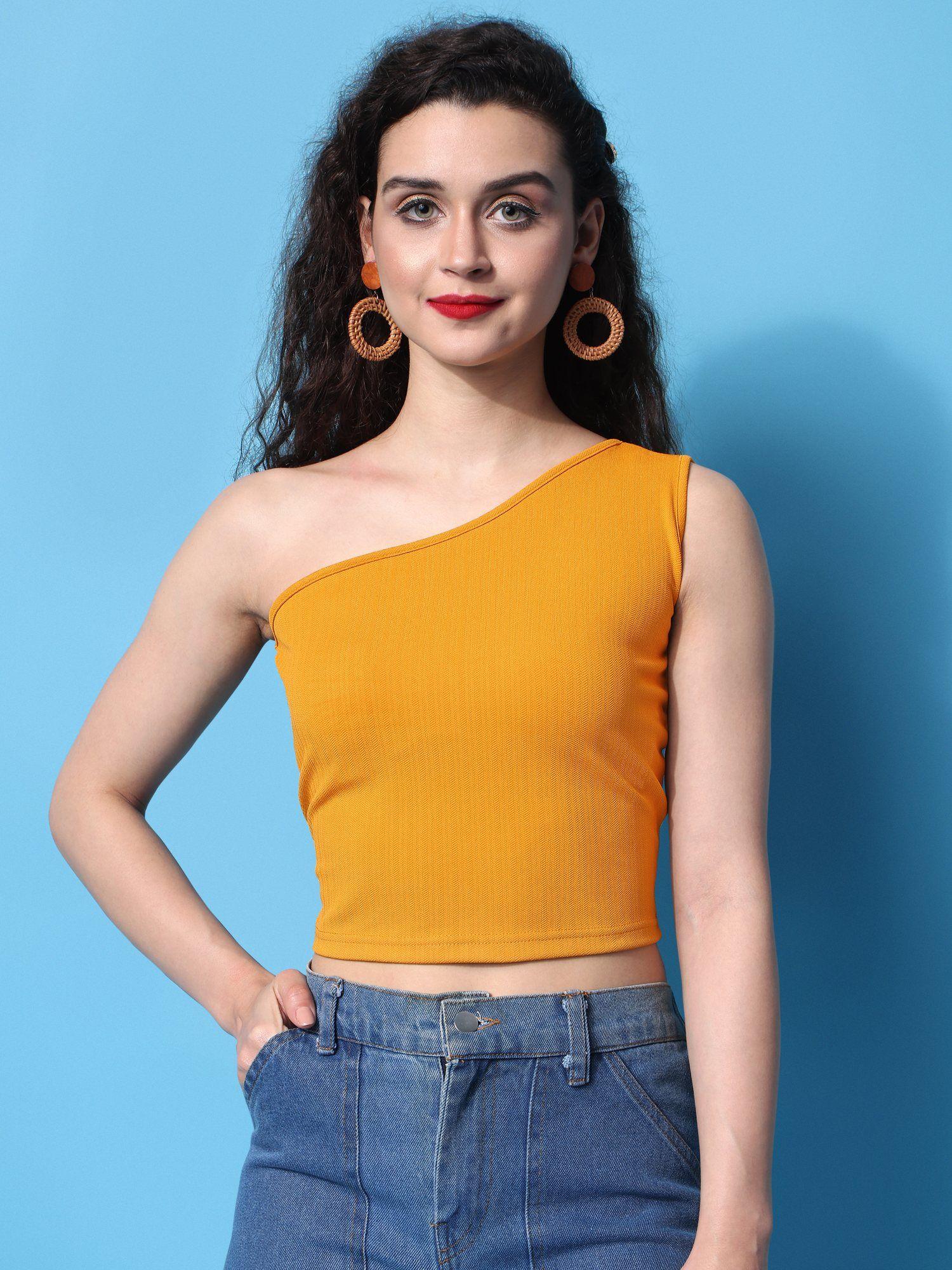 women honey yellow solid crop top