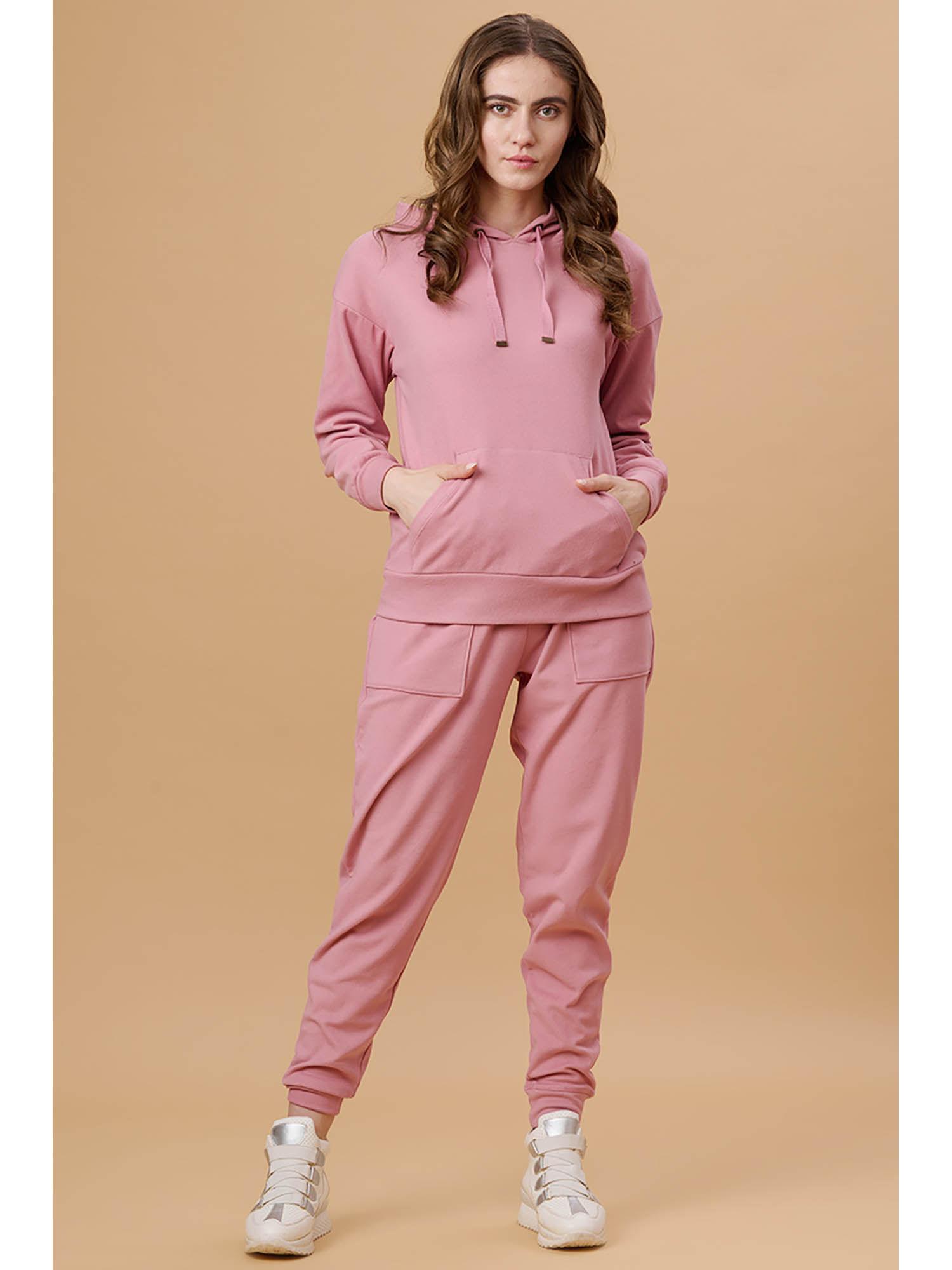 women hooded neck regular full sleeves poly knit pink co-ord (set of 2)