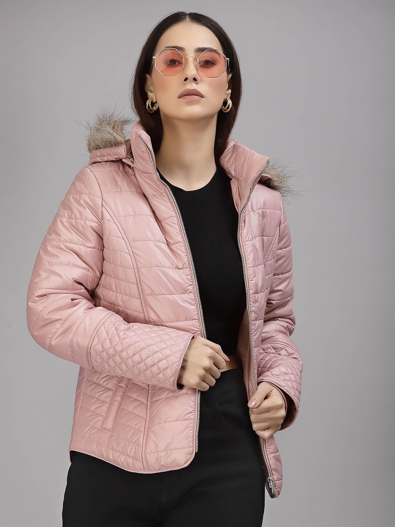 women hooded neck regular full sleeves polyester fabric blush pink jackets