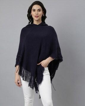 women hooded poncho with tassels