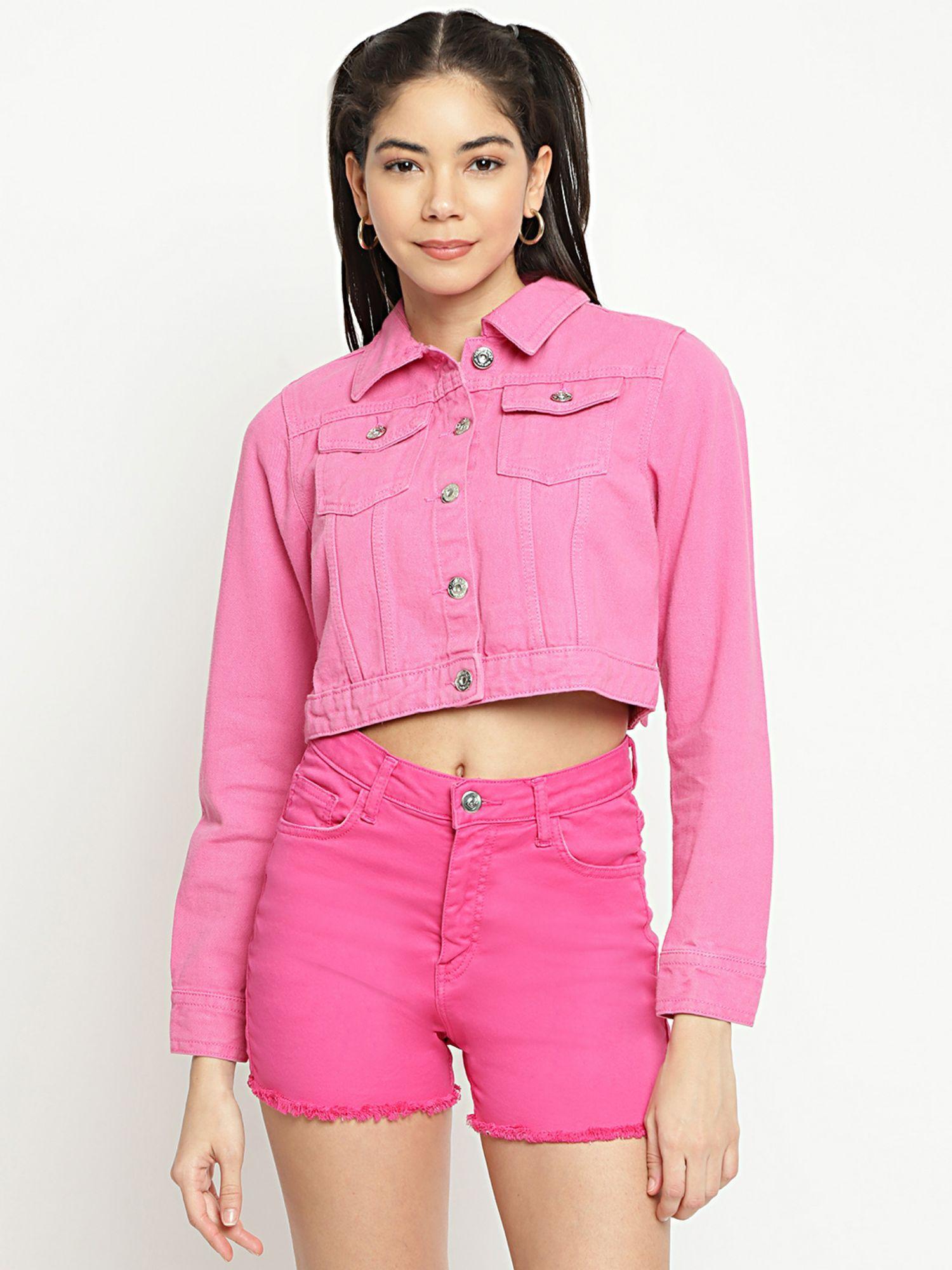 women hot pink cropped jacket