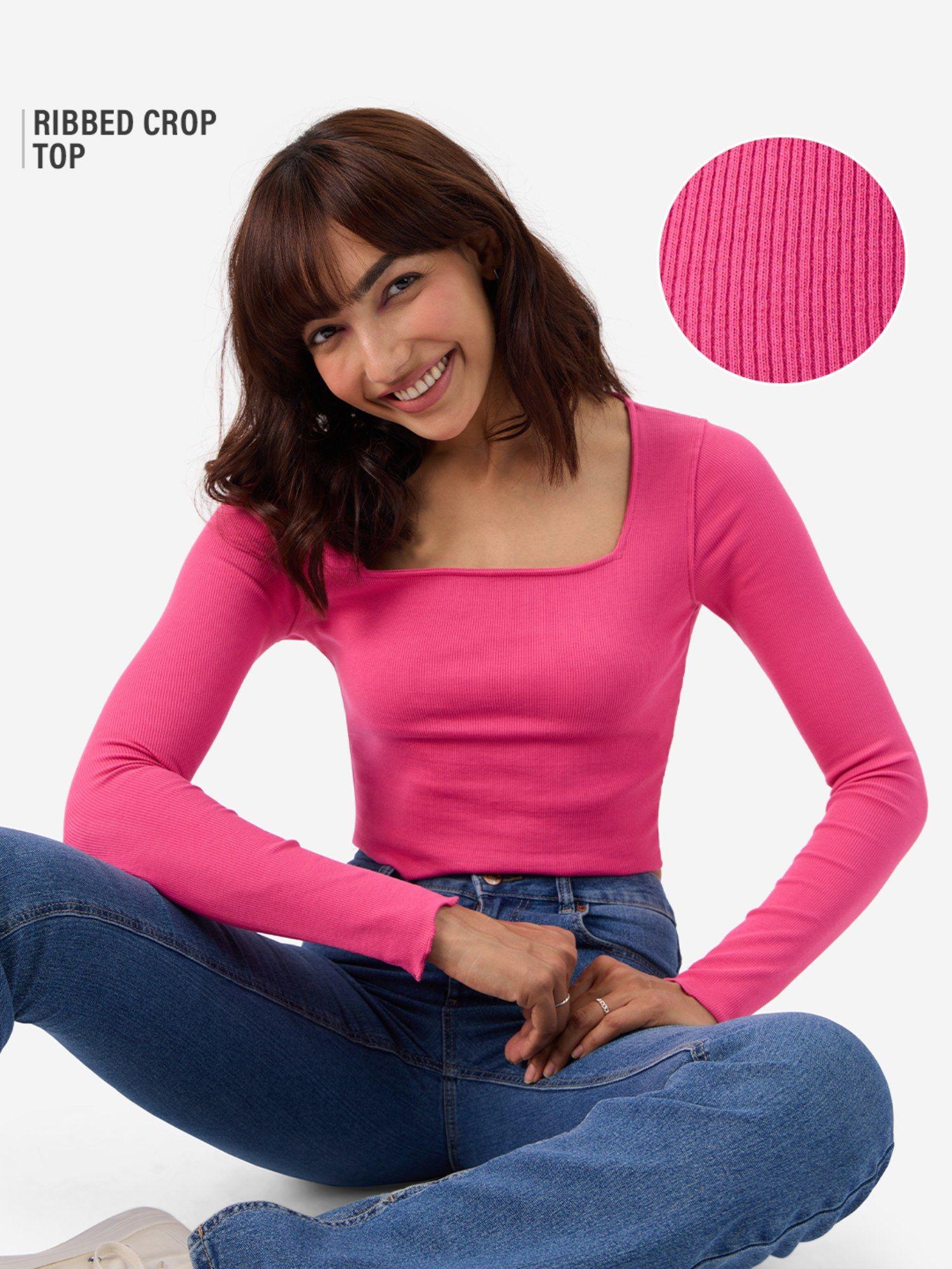 women hot-pink ribbed full sleeves top