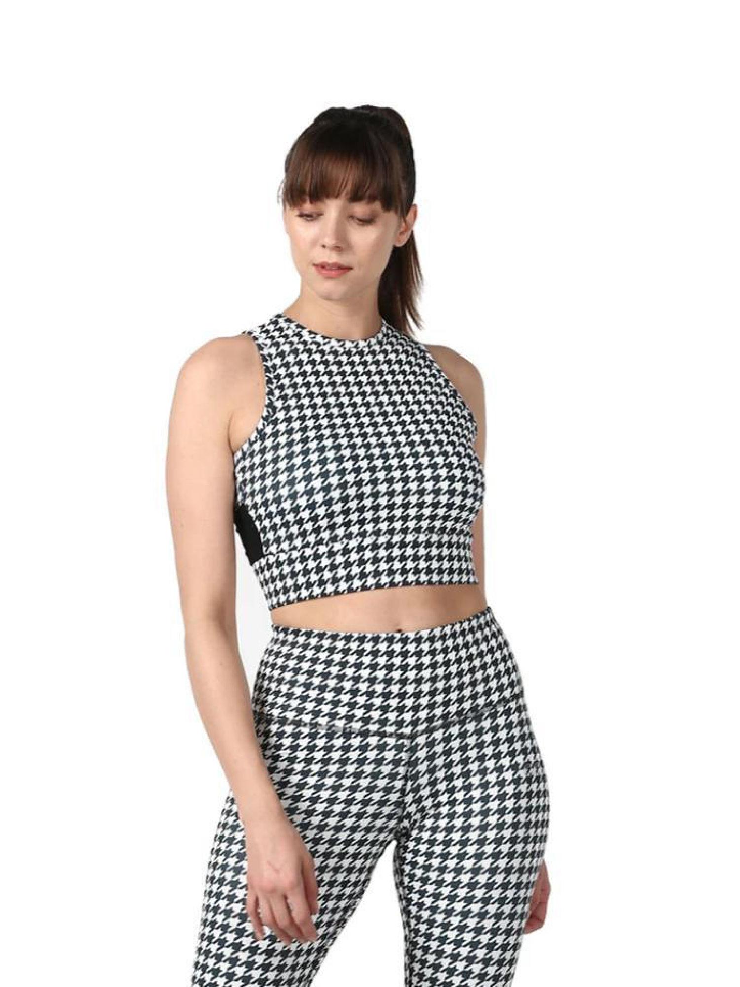 women houndstooth moto crop tee white