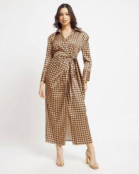 women houndstooth print a-line dress with tie-up