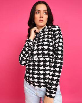 women houndstooth print hoodie with kangaroo pocket