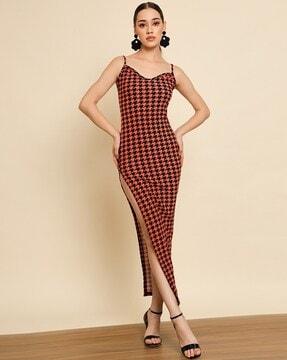 women houndstooth print side slit bodycon dress