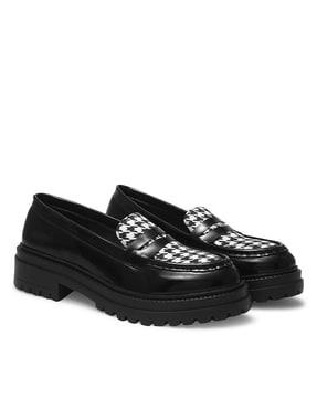 women houndstooth print slip-on chunky heeled shoes