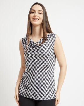 women houndstooth regular fit cowl-neck top