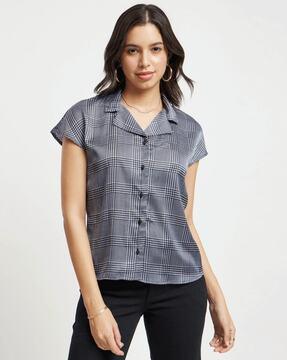 women houndstooth regular fit top with notched lapel