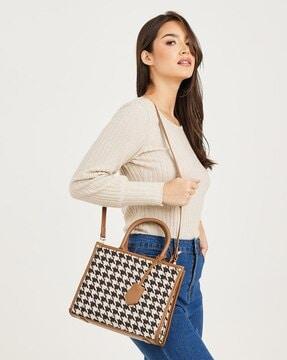 women houndstooth satchel with detachable sling strap