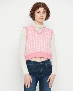 women houndstooth sweater with v-neck