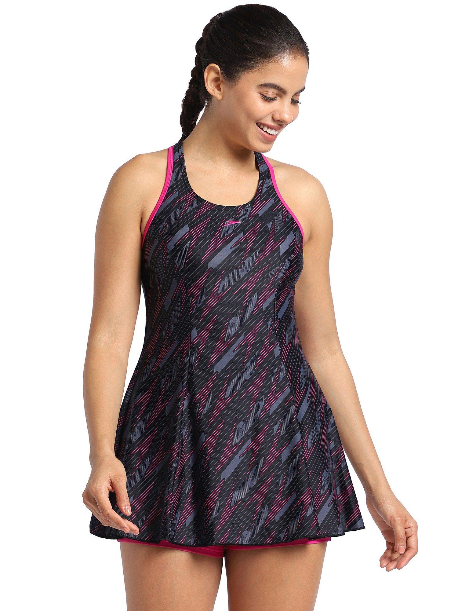 women hyperboom printed racer back swimdress with boyleg black & electric pink