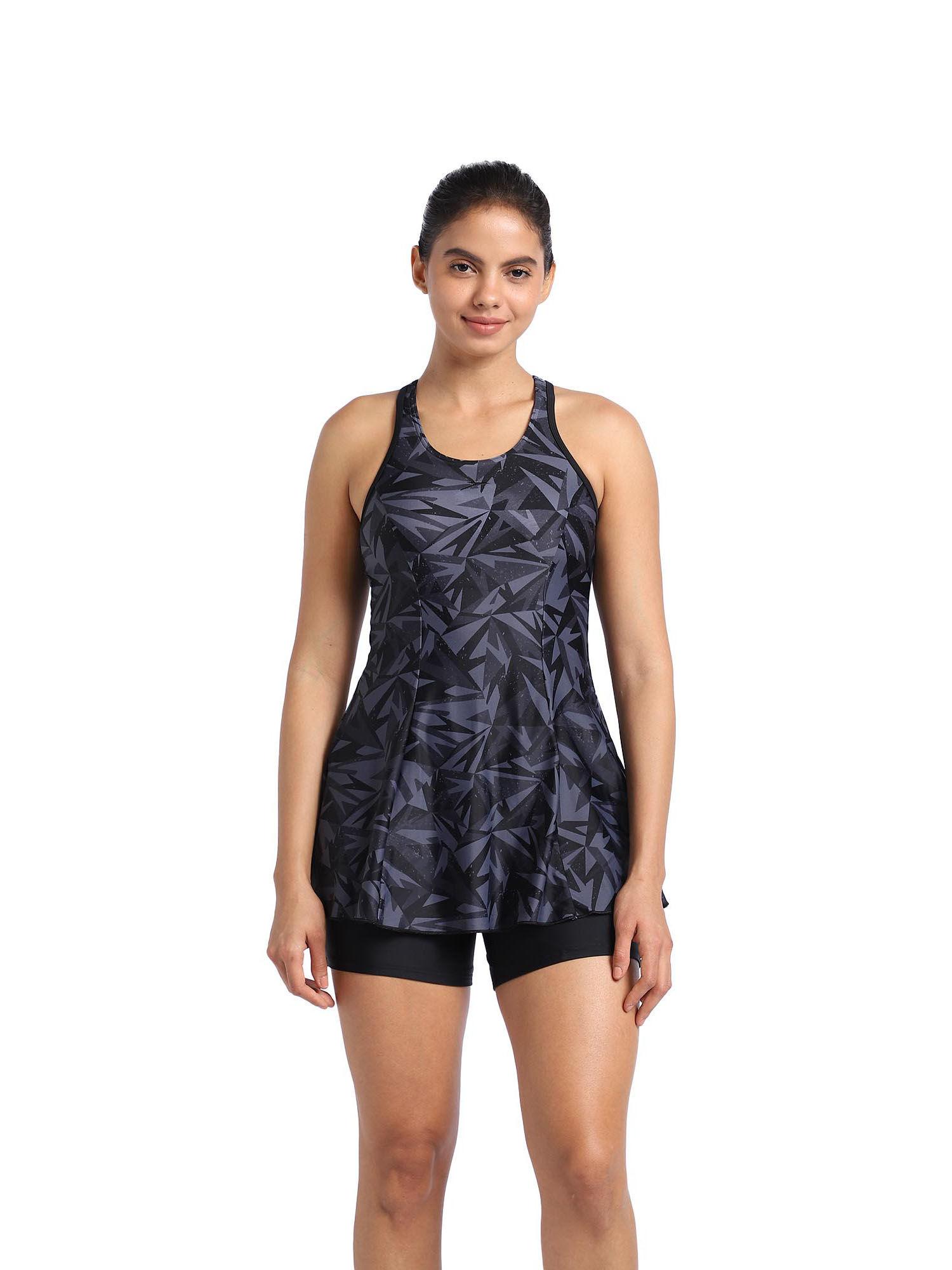 women hyperboom printed racer back swimdress with boyleg black & oxid grey