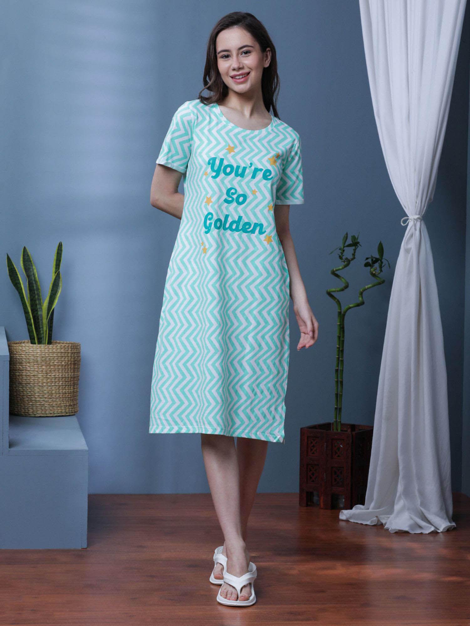 women ice turquoise chevron printed nightdress