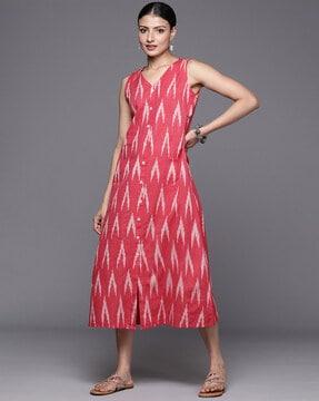 women ikat print a-line dress with button accent