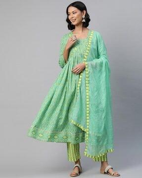 women ikat print anarkali kurta set with dupatta