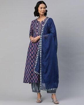 women ikat print anarkali kurta with pants & dupatta