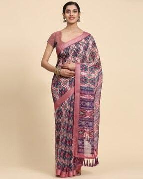 women ikat print cotton silk saree with tassels
