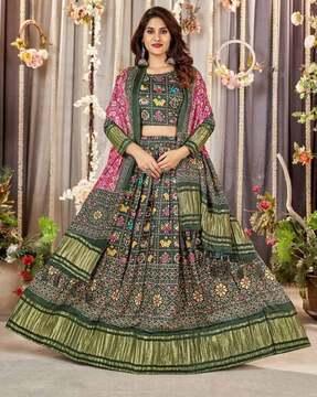 women ikat print flared lehenga choli set