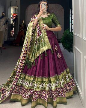 women ikat print flared lehenga choli set