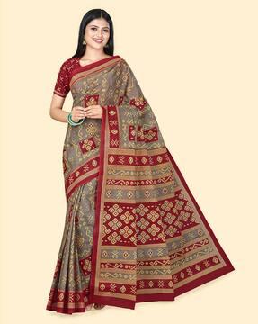 women ikat print pure cotton saree with blouse piece