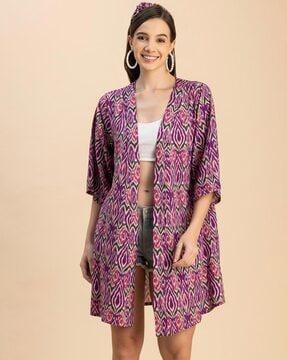 women ikat print relaxed fit front-open shrug