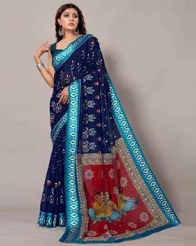 women ikat print saree with contrast border