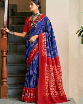 women ikat print saree with contrast border