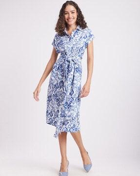 women ikat print shirt dress with short sleeves