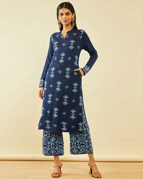 women ikat print straight kurta set