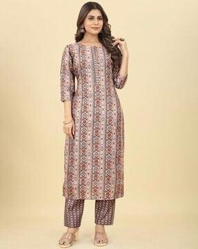 women ikat print straight kurta set