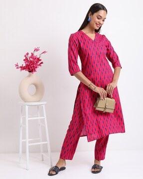 women ikat print straight kurta suit set