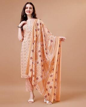 women ikat print straight kurta suit set