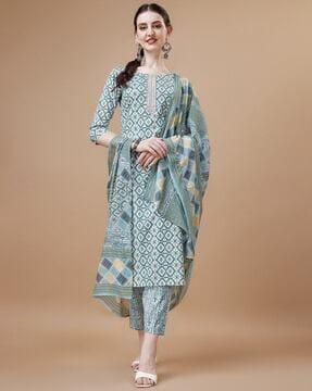 women ikat print straight kurta suit set