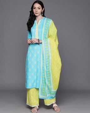 women ikat print straight kurta with dupatta