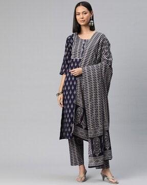 women ikat print straight kurta with pants & dupatta