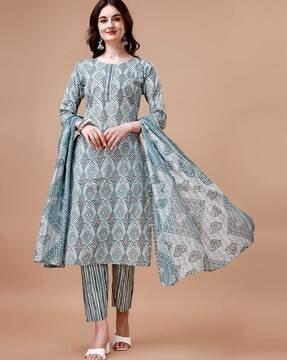 women ikat print straight kurta with pants & dupatta