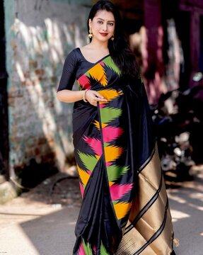 women ikat woven saree with tassels