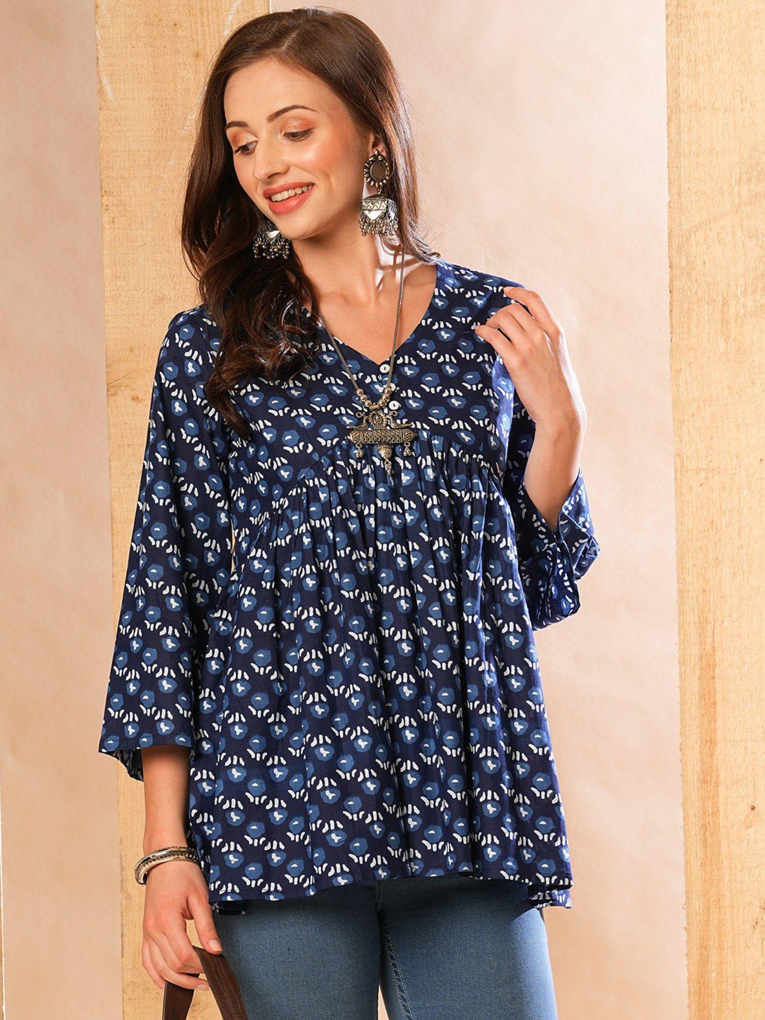 women indigo allover printed & gathered a-line alia cut workwear tunic