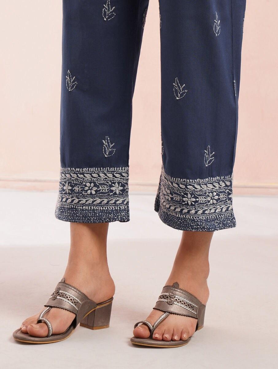 women indigo blue cotton embroidered ankle length regular fit pants