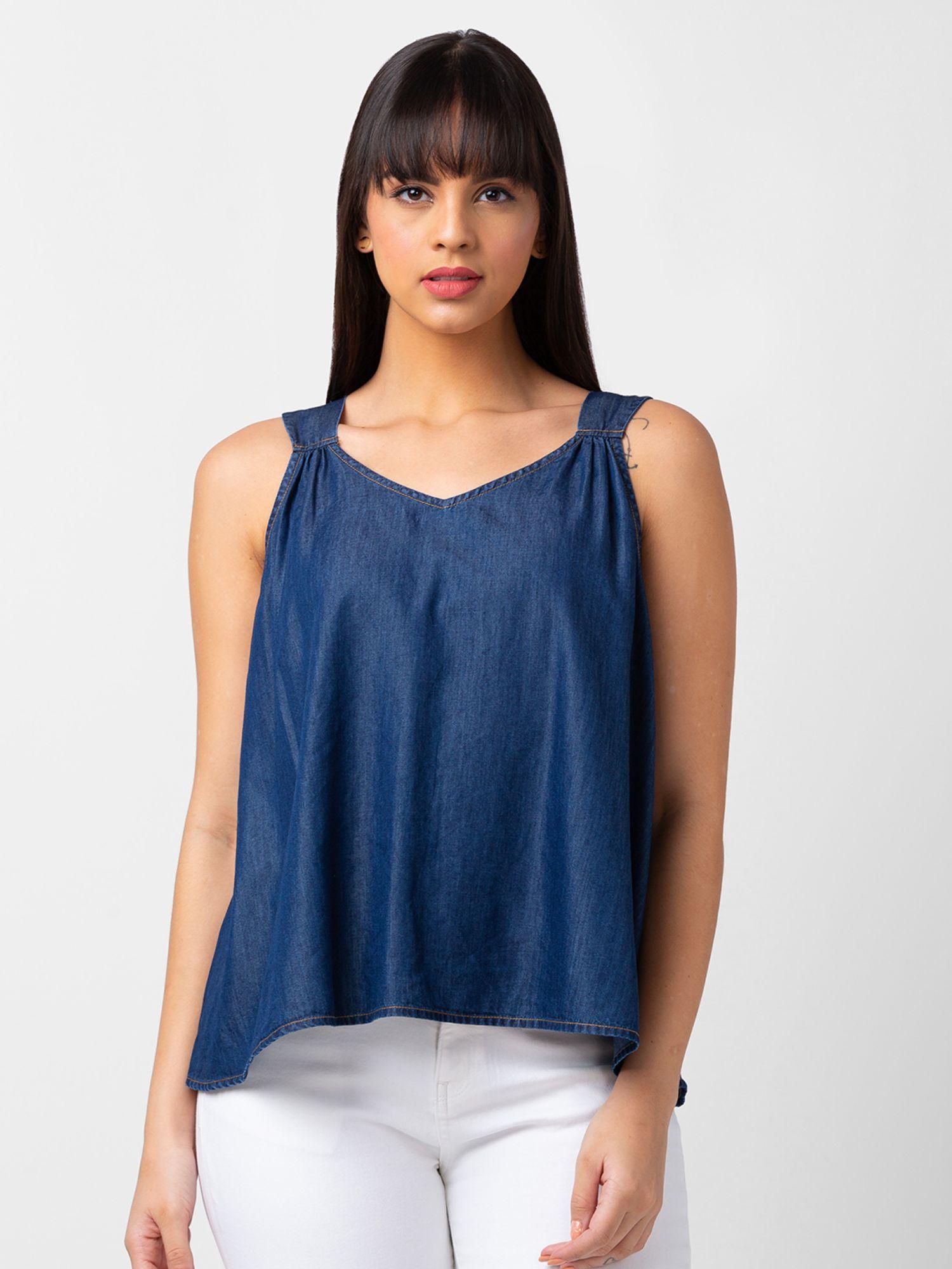 women indigo blue cotton regular fit sleeveless plain top