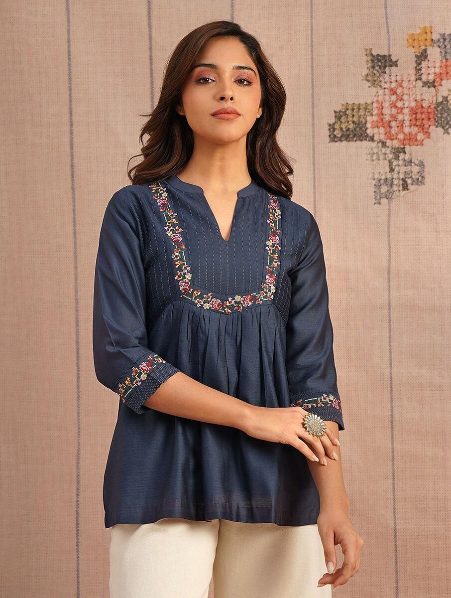women indigo blue cotton silk embroidered mandarin collar flared tunics