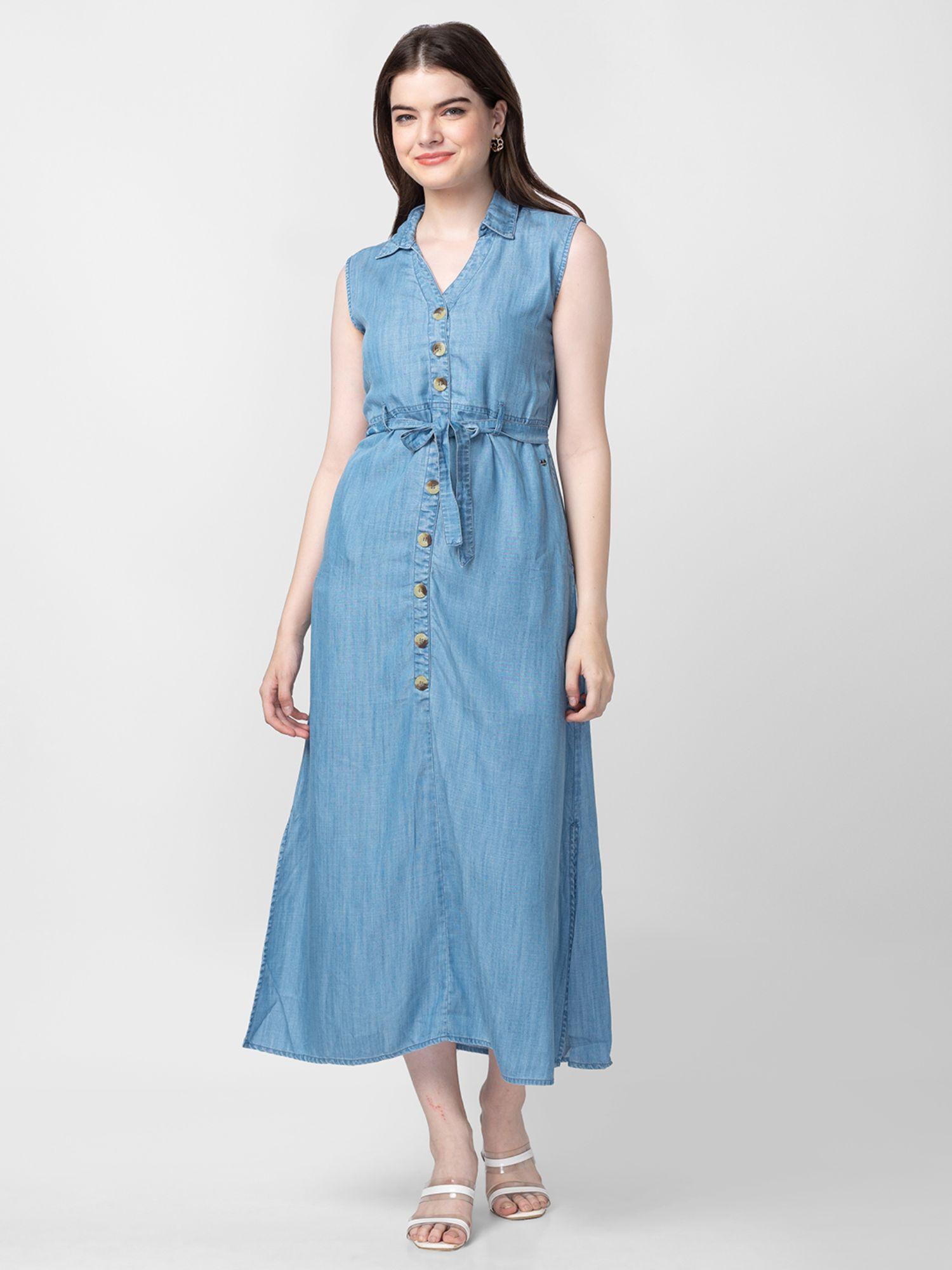 women indigo blue cotton sleeveless calf length denim dress (set of 2)