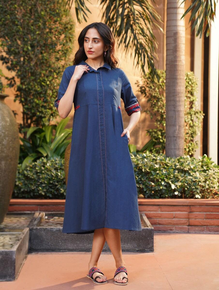 women indigo blue cotton solid shirt collar regular fit dresses