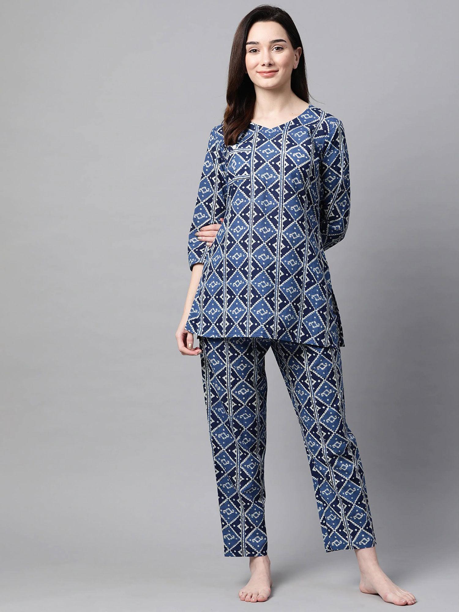 women indigo blue ethnic motifs ikat printed pure cotton night suit