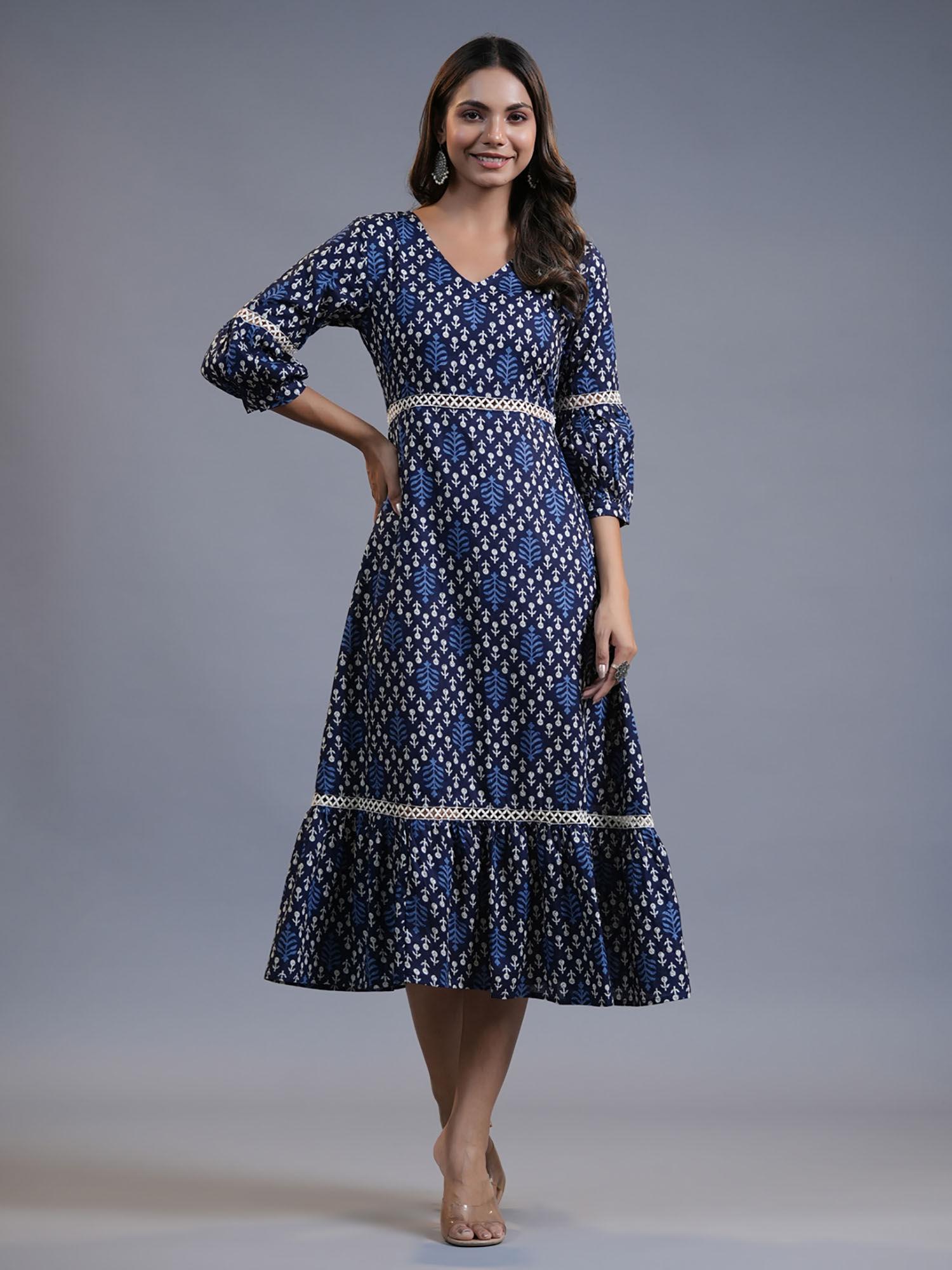 women indigo blue lace insertion and tier fit and flare dress