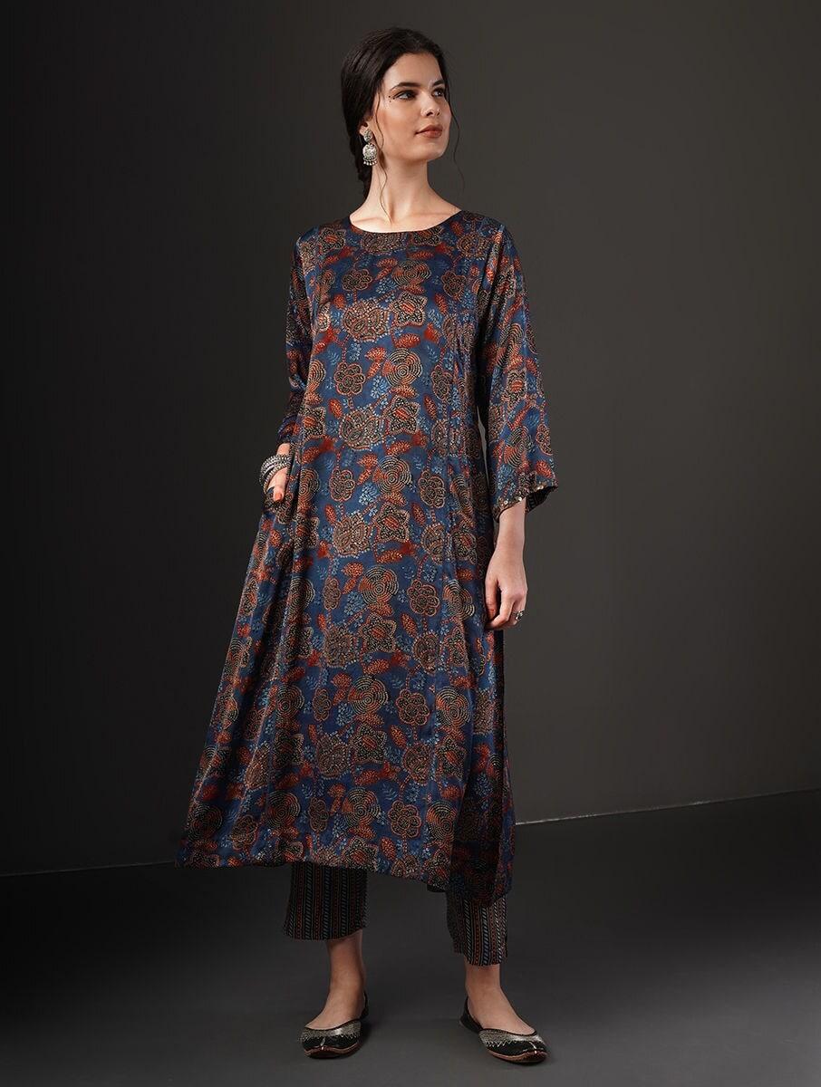 women indigo blue modal printed round neck regular fit kurta